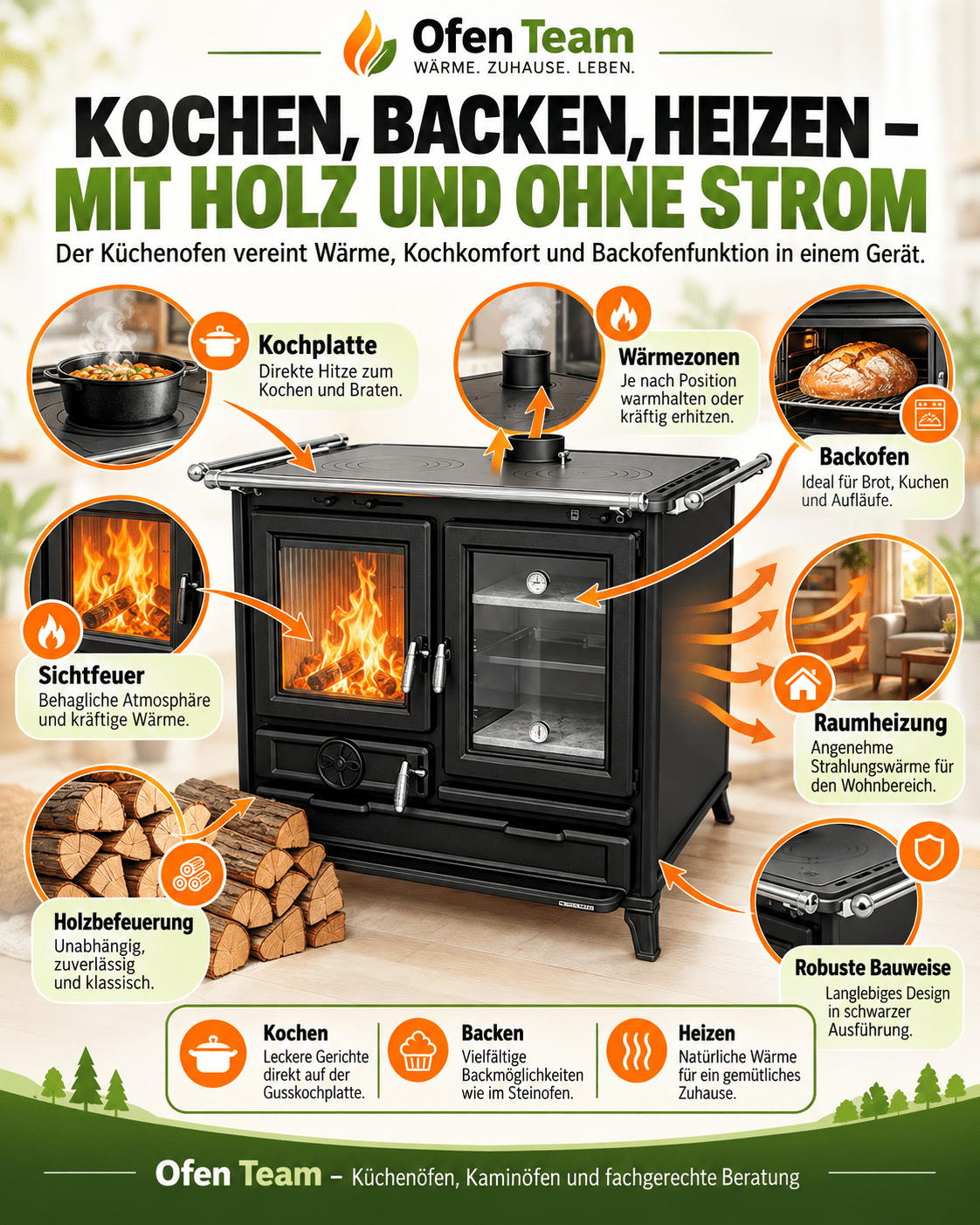 Kochen, Backen und Heizen mit Holz: Ofen-Team-Infografik zu Küchenofen, Herdplatte, Backofen, Sichtfeuer, Wärmezonen und Raumheizung
