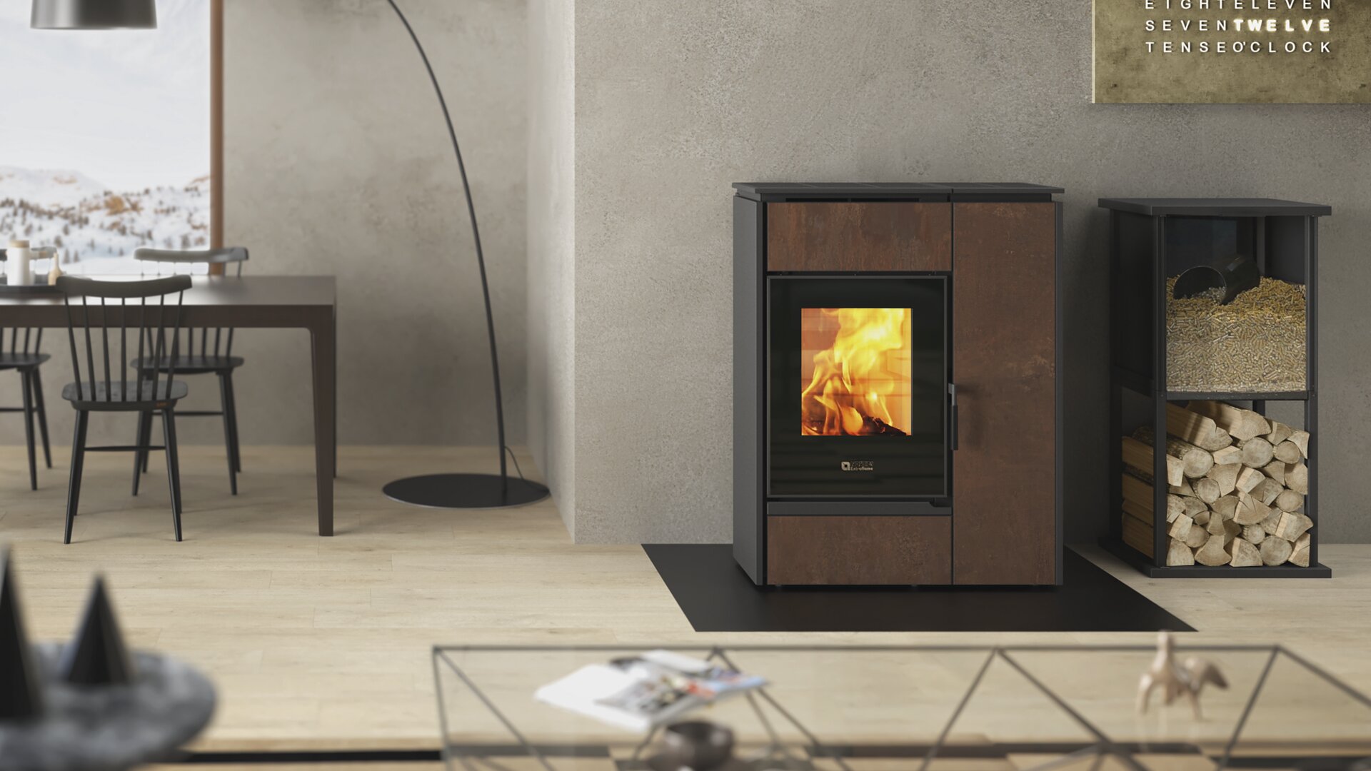 La Nordica MARGARET GRES Corten mit Holzfeuer im Wohnraum
